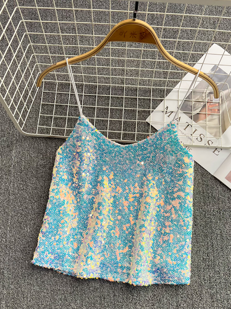 Camisoles Tanks HELIAR Sexy V Neck Shiny Sequin Camis Tops Women Sleeveless Off Shoulder Glitter Short Camisole Tank Evening Party Vest 230421