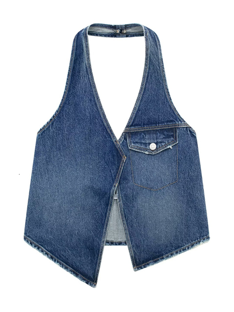 Womens TShirt TRAF Women Fashion With Flap Denim Asymmetric Tank Tops Sexy Backless Halter Neck Side Zipper Female Camis Mujer 230420