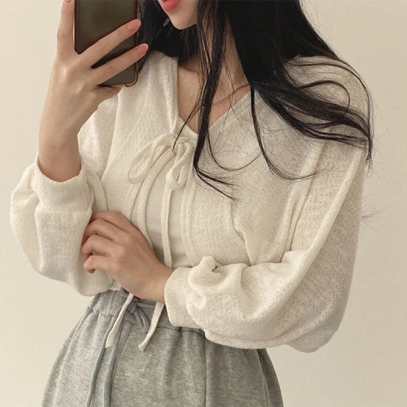 Women's Knits Tees Lucyever White Knitted Cardigan Women Summer Thin Sunscreen Lace-Up Knitwear Tops Female Korean Style Lantern Sleeve Short Coa