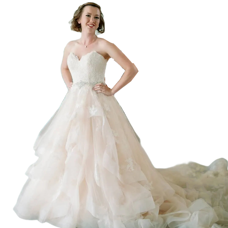 Romantic Ruffles Pluffy A Line Wedding Dresses Tiered Piping Blush Pink Tulle Long Train Lace Appliques Sweetheart Country Bridal Gowns 2024 Spring Ve