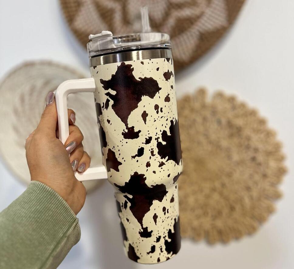 US STOCK 40oz H2.0 Stainless Steel Tumblers Cups With Lids And Straw Cheetah Animal Cow Print Leopard Heat Preservation Travel Car Mugs Large Capacity Water