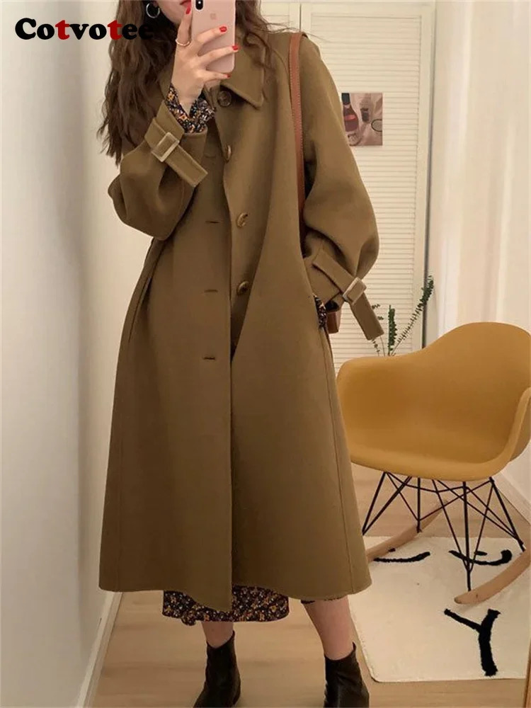 Women's Wool Blends Cotvotee Turn Down Collar Coat Women 2023 Autumn Winter Vintage Button Up Long Coats Sleeve Casual Loose Jacket 231120