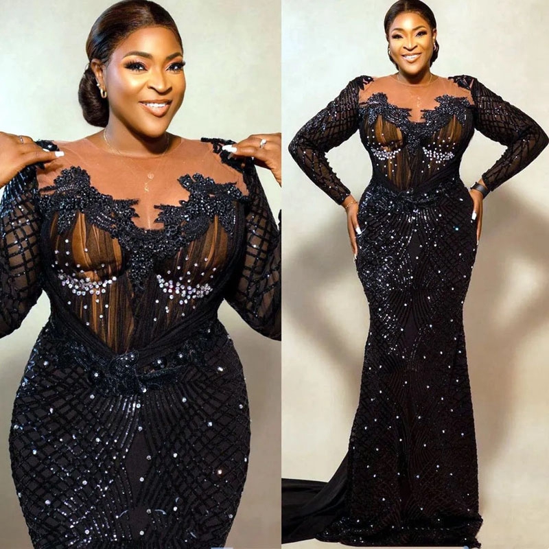 Plus Size Aso Ebi Party Prom Dress Long Sleeves Elegant Mermaid Evening Birthday Black Girl's Dresses African Arabic Style Formal Gowns Sheer Nec