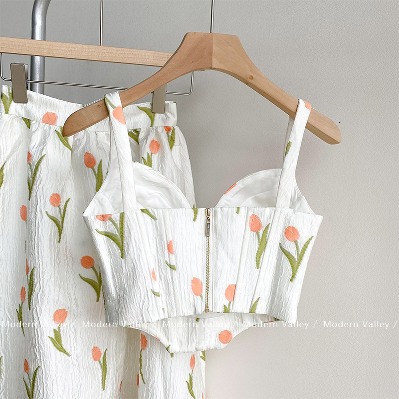 Camisoles Tanks Fashion Floral Print Camisole Women Sexy Backless Cropped Top Tank Tops High Waist A-Line Skirt OL Sets Spring Summer 230421