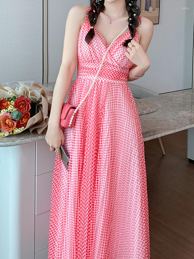 New Casual Dresses 2024 Summer Women Maxi Dress Sweet Beach Boho Mesh Red Dot V-neck Strap Slip Pleated Swing Robes Holiday Vestido