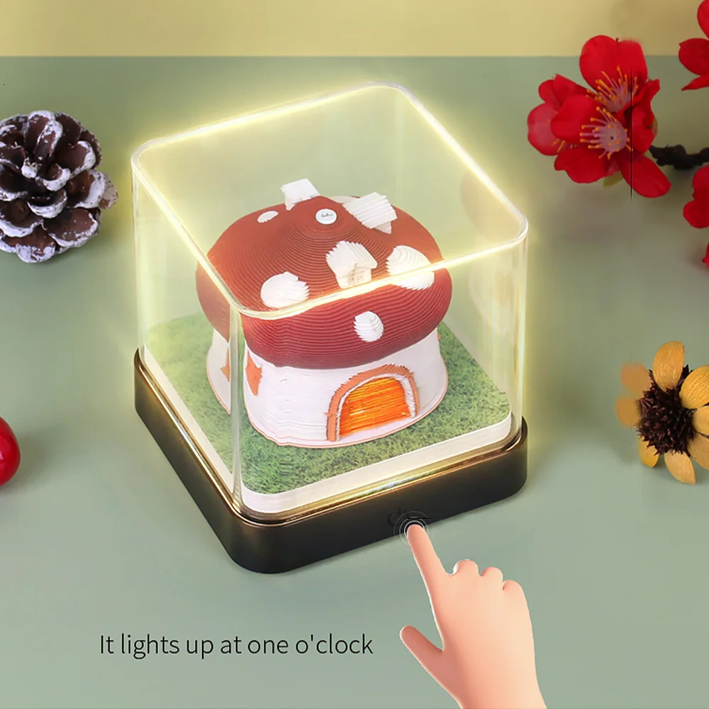 Christmas Decorations Omoshiroi Block 3D Calendar 2024 Notepad Mushroom Houes With Lights Memo Pads Paper Art Note Gift 231121