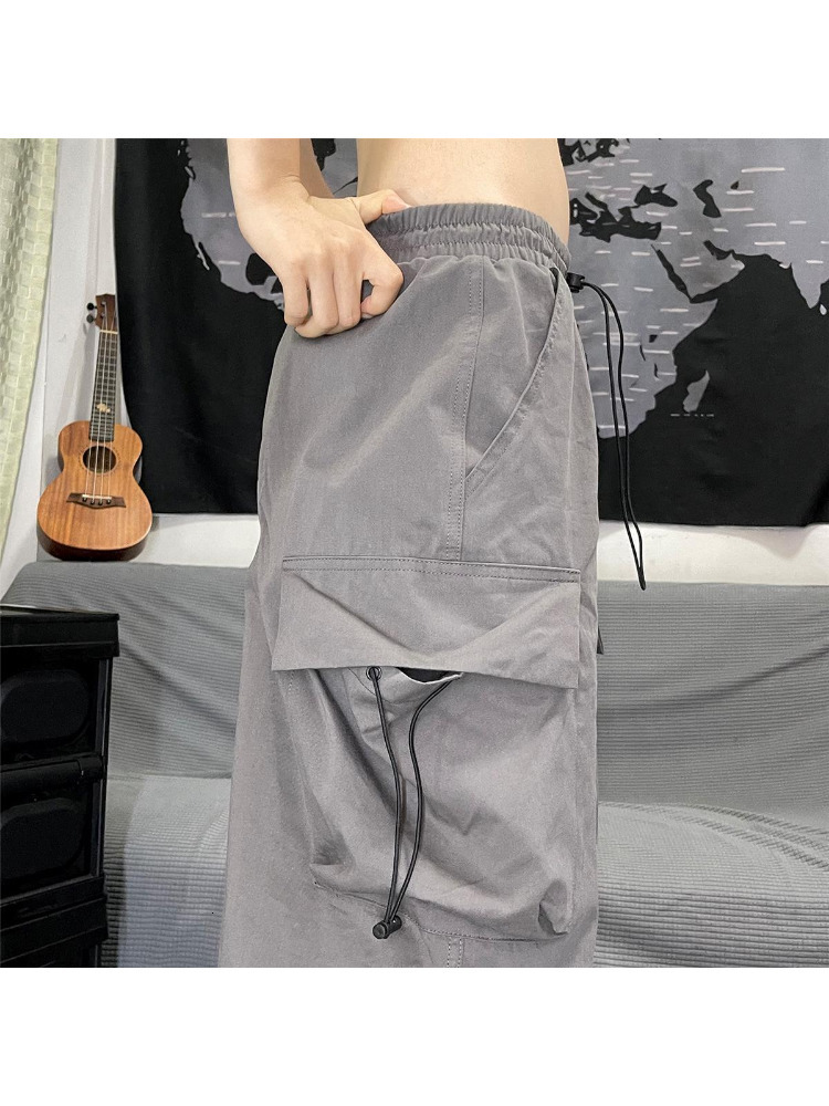 Women's Pants Capris HOUZHOU Retro Hippie Gray Baggy Parachute Pants Women Y2K Streetwear Oversize Pockets Wide Leg Cargo Trousers Female Harajuk