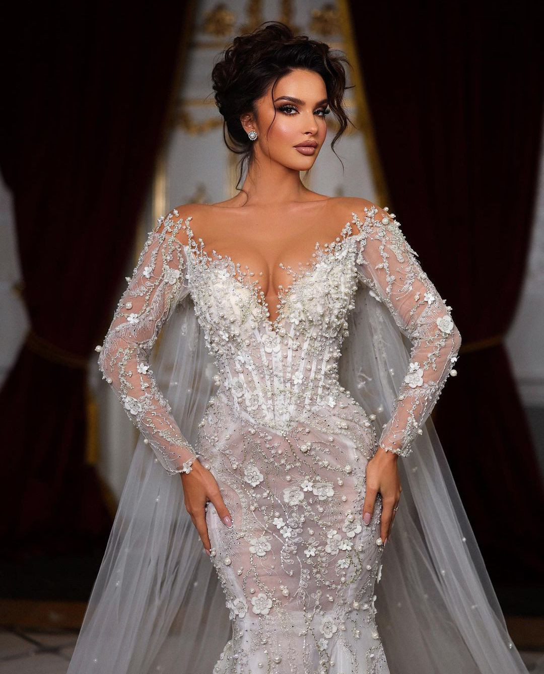 Elegant Mermaid Wedding Dresses Long Sleeves V Neck Appliques Sequins Ruffles 3D Lace Flowers Diamonds Pearls Floor Length Bridal Gowns Custom Made ab