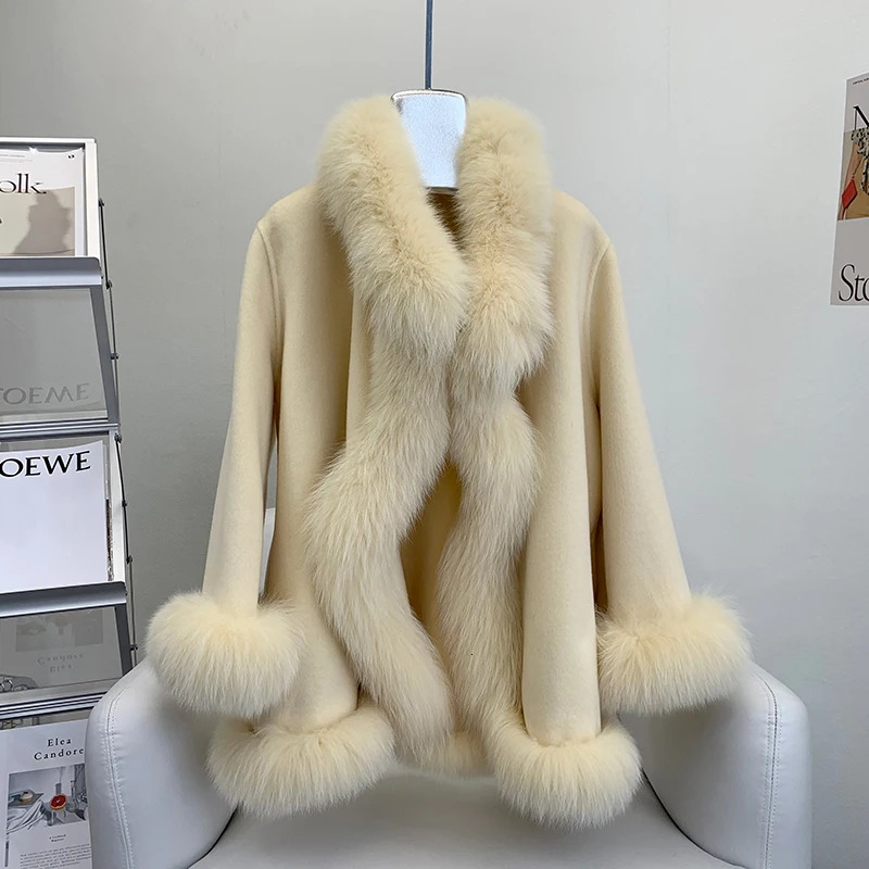 Women's Wool Blends 2023 Soft Faux Fur Cloak Coat Loose Batwing Cape Turn Down Collar Dress Smock Winter Women Knit Mantle Fashion Young 231120