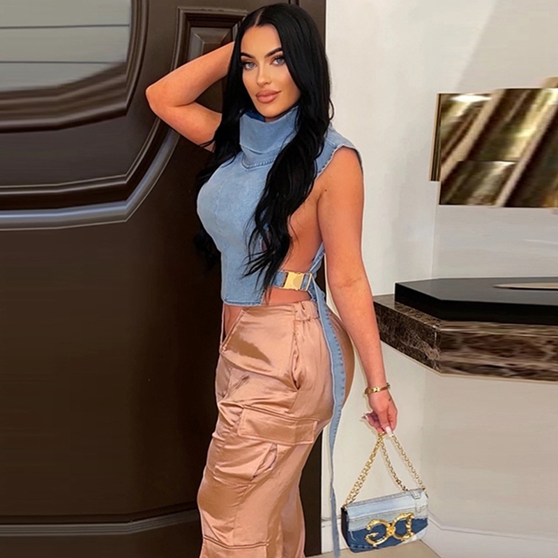 Womens TShirt Crop Top Denim Vest Sleeveless Buckle Side Hollow Out Korean Style Turtleneck Jeans Tank Streetwear y2k Clothes 230420