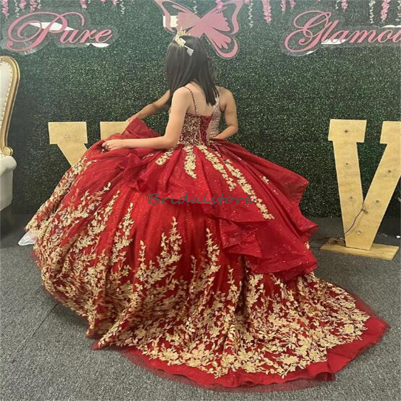 Beautiufl Red Quinceanera Dresses 2023 With Gold Lace Sexy Spaghetti Straps Ball Gown Sweet 16 Party Dress Lace Up Vestidos De Xv Charro Birthday Cere
