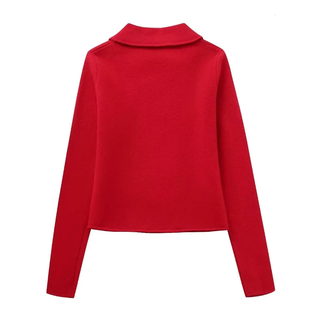 Women's Suits Blazers TRAF Women Wool Blazer Set Red Lapel Long Sleeves Blazer Fashion Double Breasted Short Jackets OuterwearsMini Skirt Autumn 