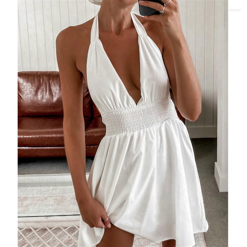 Casual Dresses Summer Dress Women Halter V Neck Backless Mini Beach Elegant White Sundress Female