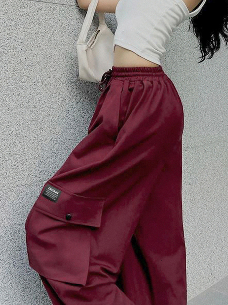 Women's Pants Capris Weekeep Red Baggy Cargo Pants Drawstring Elastic High Waist Casual Pants Pocket Korean Fashion Sweatpants Streetwear Women S
