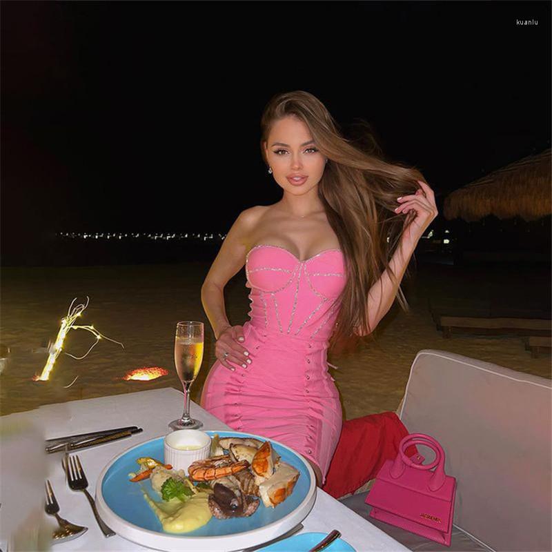 New Casual Dresses Spaghetti Strap Diamonds Bandage Dress Sleeveless Strapless Bodycon Mini Vestidos Pink Celebrity Evening Party