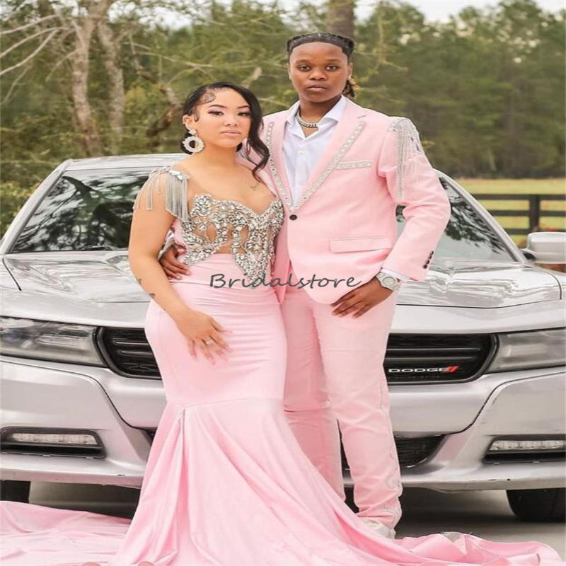 Luxury Pink Black Girls Prom Dress With Beaded Mermaid Long Train Evening Gown 2023 Sweet 15 Birthday Dress Ceremony Formal Wear Formal Occasion Dress