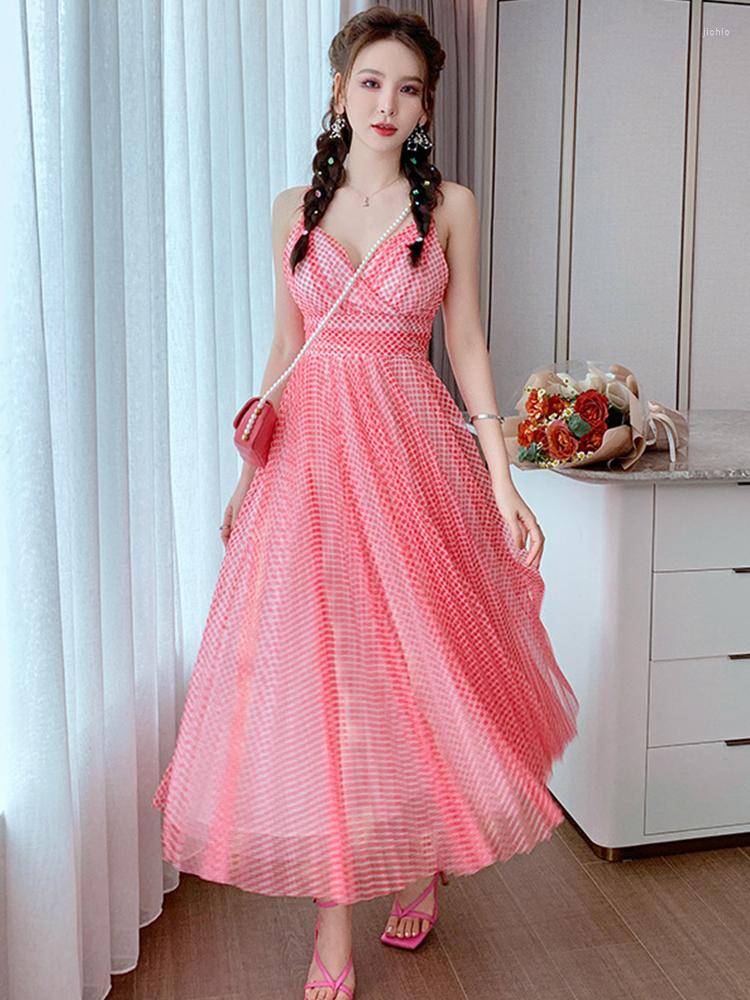 New Casual Dresses 2024 Summer Women Maxi Dress Sweet Beach Boho Mesh Red Dot V-neck Strap Slip Pleated Swing Robes Holiday Vestido