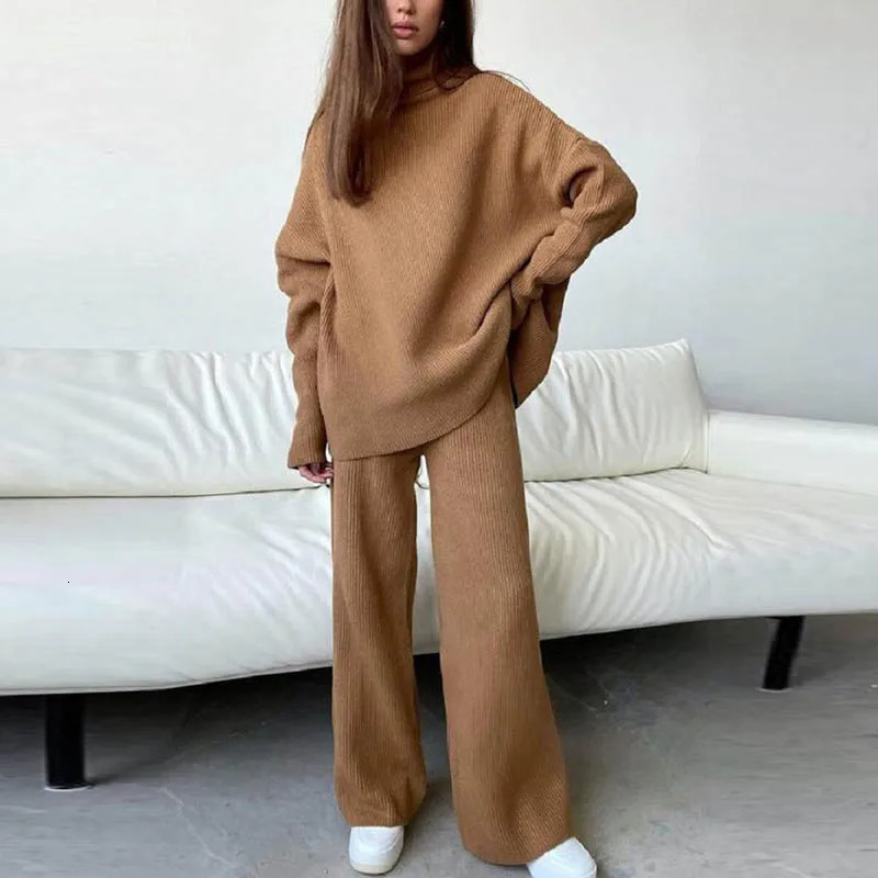 Womens Two Piece Pants Retro Turtle Neck Knitted Set Autumn and Winter Long Sleeve Flower TopWide Leg Trouser Solid 231120