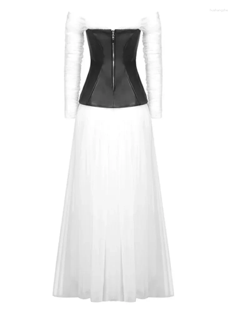 Casual Dresses Luxury Elegant Prom Gowns Women Long Sleeve Off Shoulder White Mesh Black Leather Patchwork Maxi Celebrity Evening