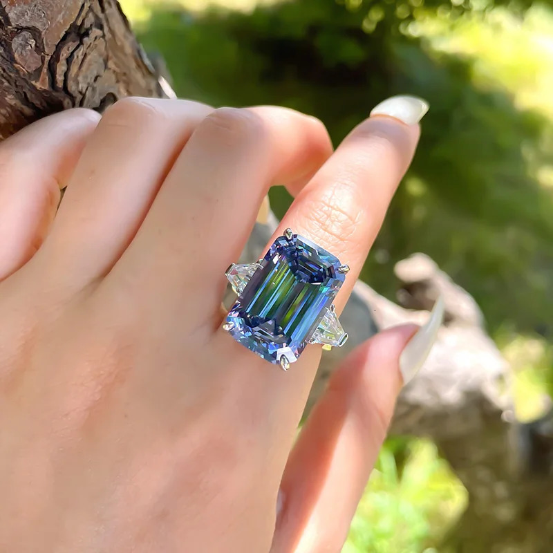 Wedding Rings Gaoding Big Rock Sugar Blue Grey High Carbon Diamond Ring Emerald Cut Index Finger Cool Wind Premium European And American 231120