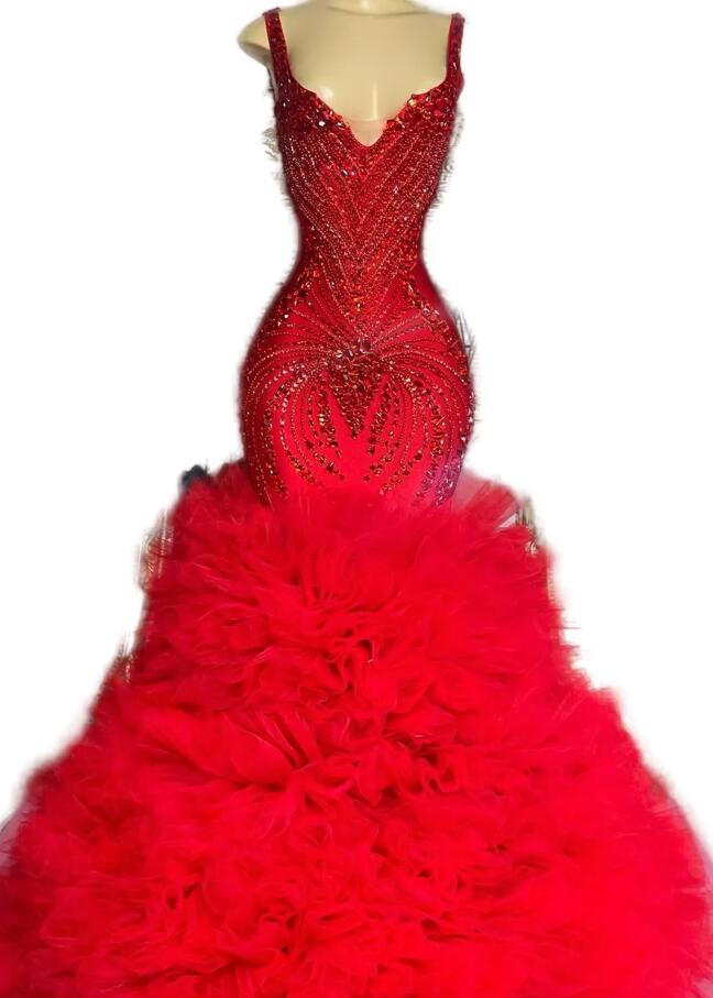 Arabic Aso Ebi Red Mermaid Evening Dresses Beaded Crystals Tiers Ruffles Tulle prom Occasion Engagement Gown Robe De Soiree