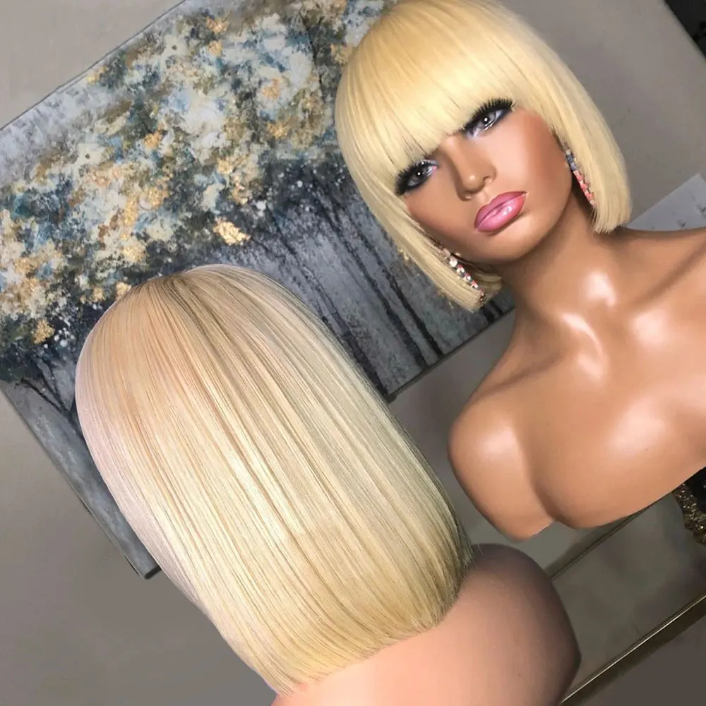 Free shipping 180density Brazilian Remy HairShort Straight Short Human Hair with Bangs Cheap Full Lace Black Bob Wigs for Woman