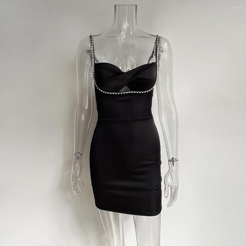 New Casual Dresses Zoctuo Diamonds Straps Elegant Womens Black Dress Fashion Hollowed Out Slim Skirts Clothing Clubwear Party Night Rave