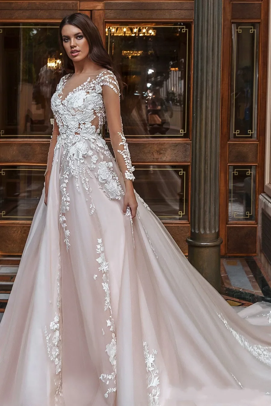 Dress Wedding Bridal Gowns Sheer Long Sleeves V Neck Embellished Lace Embroidered Romantic Princess Blush A E Beach Plus Size