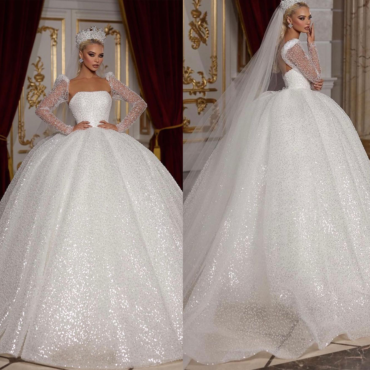 Elegant Ball Gown Wedding Dresses Sweetheart Applique Lace Bridal Gowns Custom Made Long Sleeve Lace-up Back Sweep Train Vestidos De Novia