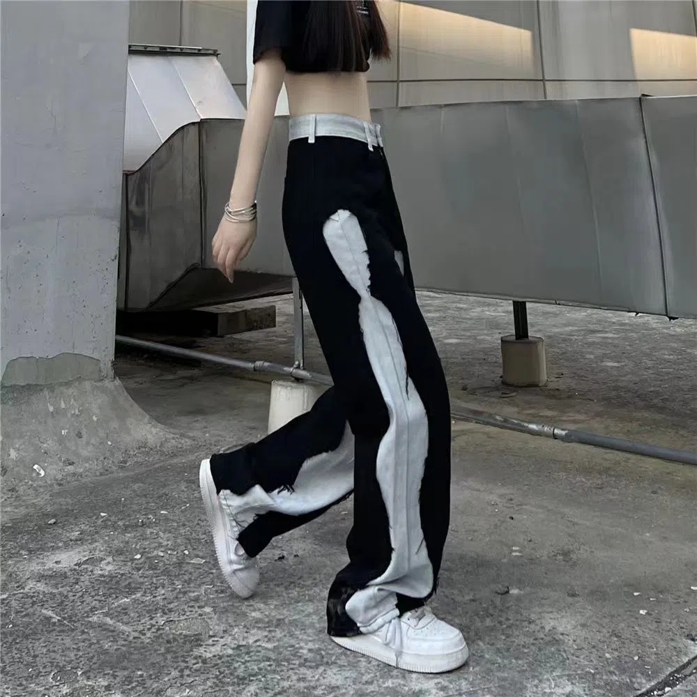 Women's Jeans Harajuku High Street Splicing Straight Jeans Female Fashion Gothic Clothing Y2K Streetwear Wide Leg Baggy Jeans Pants Woman 230421