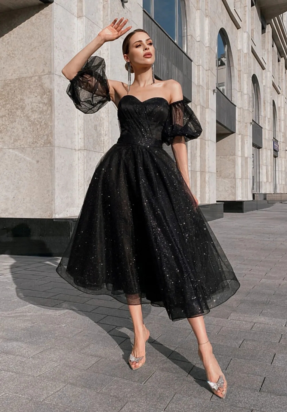 New Black Sequins Prom Dress 2024 With Removeale Sleeves Sweetheart Tea Length Evening Formal Birthday Party Gowns Robe De Soiree Vestidos De Noche