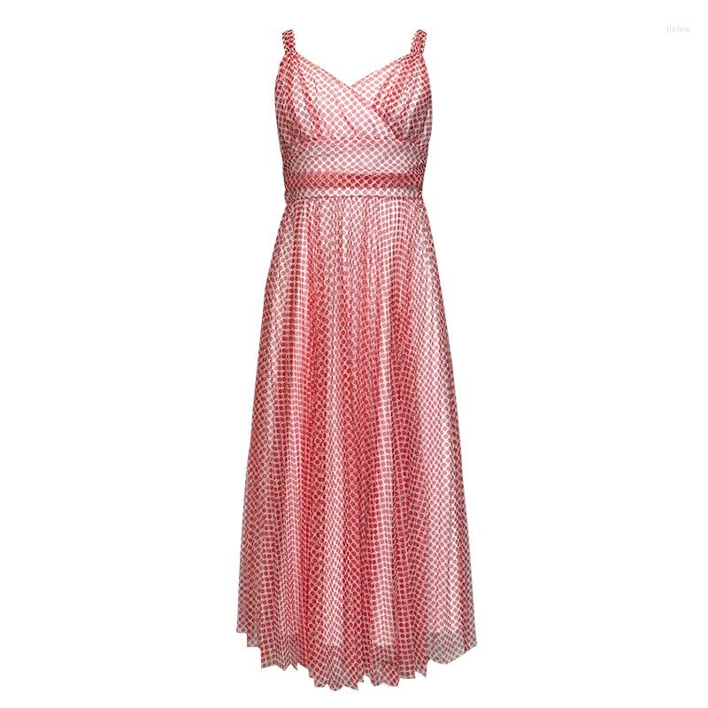 New Casual Dresses 2024 Summer Women Maxi Dress Sweet Beach Boho Mesh Red Dot V-neck Strap Slip Pleated Swing Robes Holiday Vestido