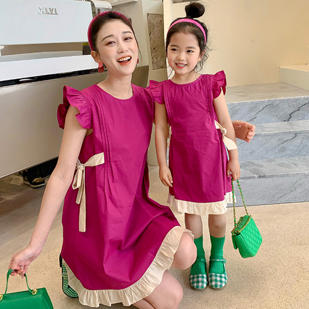 Family Matching Outfits Melario Summer Parent-Child Dress Girl Baby Dragon Fruit Color Matching Dress Mother and Daughter Flying Sleeve Girls Dresses 