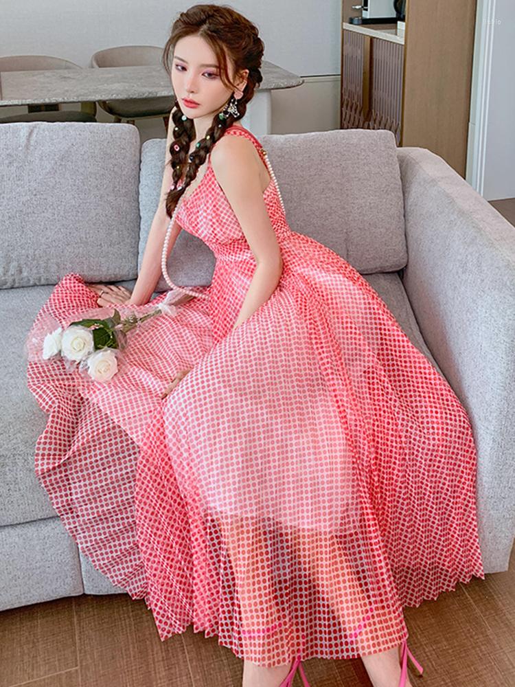 New Casual Dresses 2024 Summer Women Maxi Dress Sweet Beach Boho Mesh Red Dot V-neck Strap Slip Pleated Swing Robes Holiday Vestido