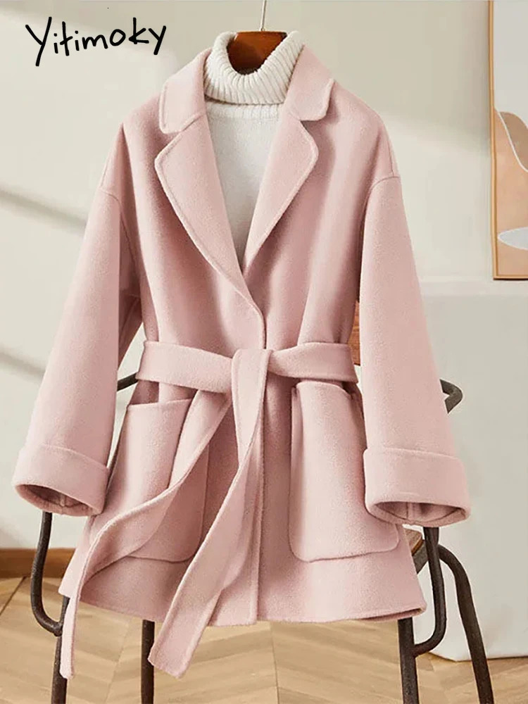 Women's Wool Blends Yitimoky Elegant Solid Jacket for Women Fall Winter 2023 Korean Fashion Oversized Long Sleeve Lace Up Casual Y2k Coats 231120