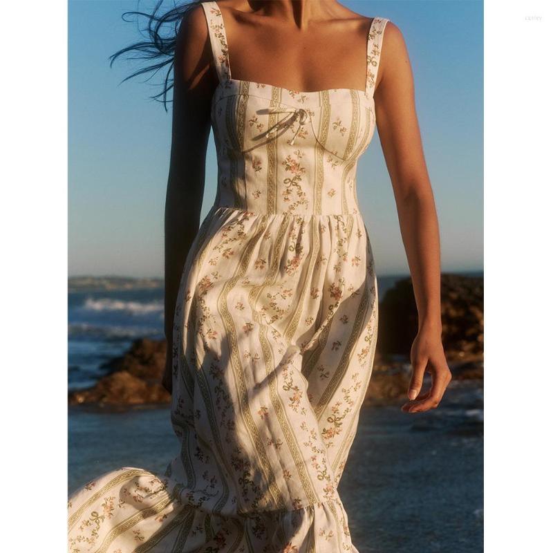 Casual Dresses Boho For Women Midi Elegant Vintage Chiffon Floral Summer Dress Sleeveless Square Neck Strap Bohemian Beach