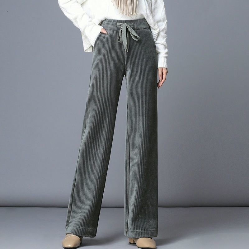 Women's Pants Capris Winter Corduroy Thicken Loose Wide Leg Pants Pockets High Waist Solid Elastic Lace-up Casual Oversize Women Straight Trouser