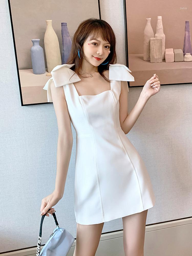 New Casual Dresses Summer Classic Sweet Women Dress Solid White Black Bow Camisole Sleeveless Backless Mini Empire Waist Girl Gown Party
