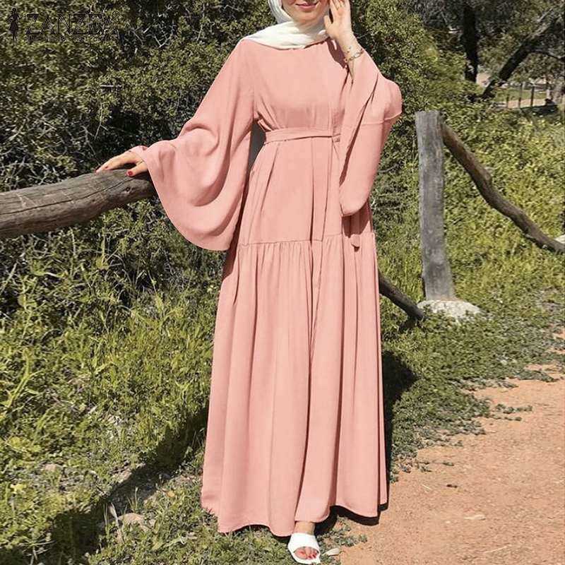 Elegant Lady Muslim Dress Autumn Long Sleeve Solid Color Casual Islamic Dress Katanf Holiday Gown