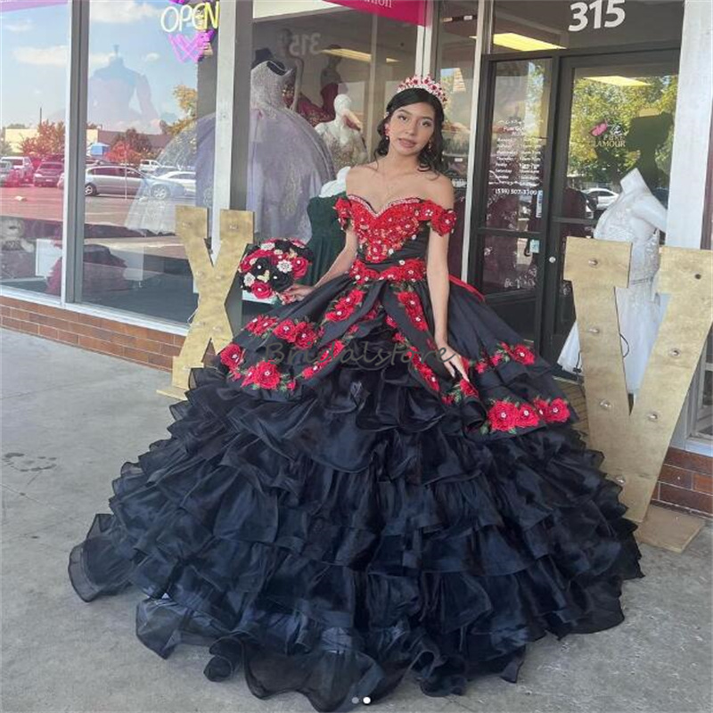 Princess Black Quinceanera Dresses With Florals Off Shoulders Ball Gown Ruffles Birthday 16 Formal Party Dress Big Bow Baile Charro vestidos de 15 qui