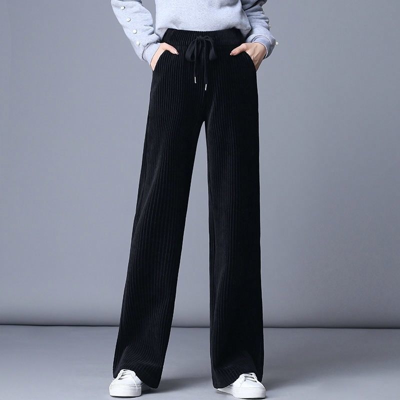 Women's Pants Capris Winter Corduroy Thicken Loose Wide Leg Pants Pockets High Waist Solid Elastic Lace-up Casual Oversize Women Straight Trouser