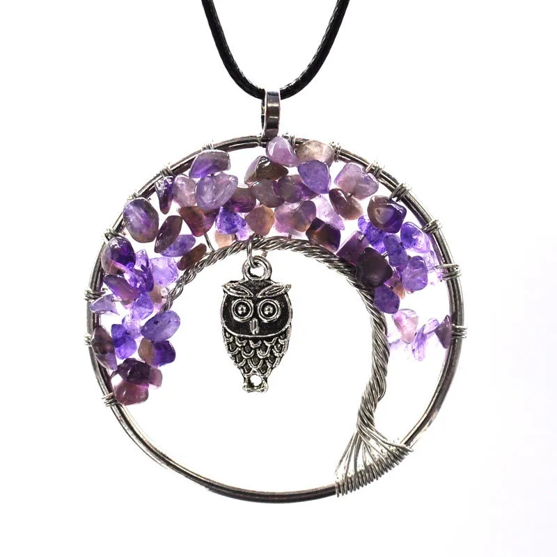 Creative Owl Pendant Necklace Natural Crystal Gravel Life Tree Necklace Fashion Accessories Christmas Gift
