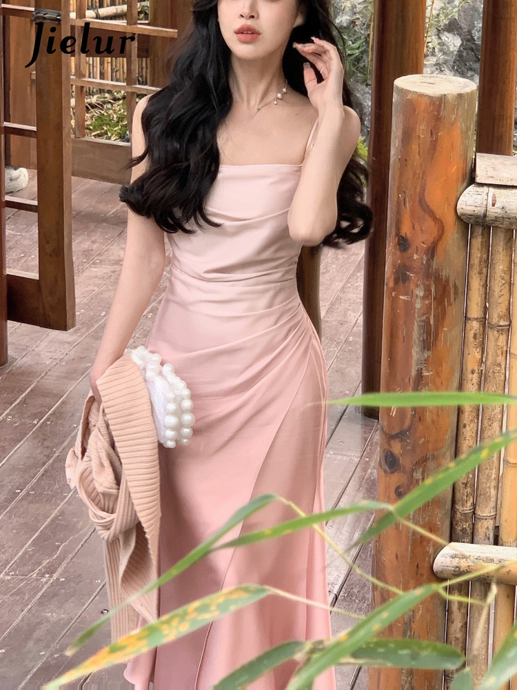 Casual Dresses Jielur Summer Sleeveless Strap Midi Dress Office Lady Elegant Sweet Korean Fashion Even Beach Party Dresses Women 230420