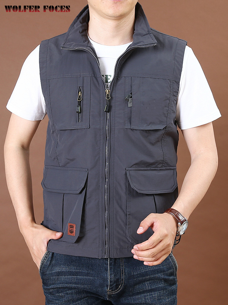 Men's Vests Thin Tooling Loose Quick Drying Outdoor Sports Multi Pocket Stand Collar Spring Camping Fishing 230420