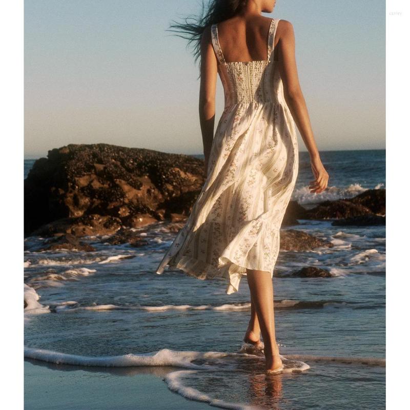 Casual Dresses Boho For Women Midi Elegant Vintage Chiffon Floral Summer Dress Sleeveless Square Neck Strap Bohemian Beach