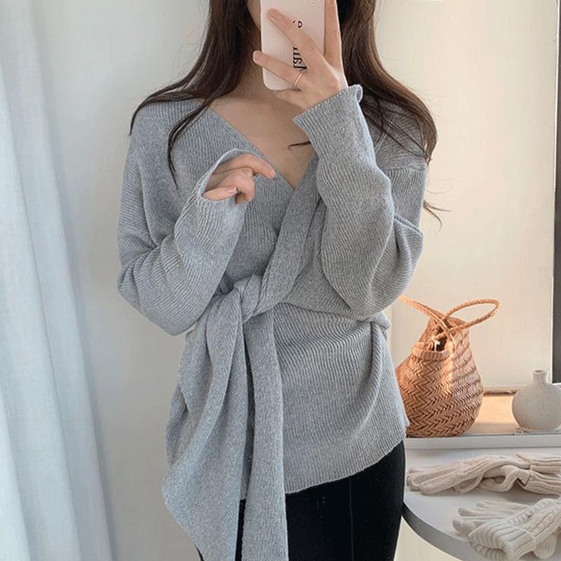 Womens Sweaters V-neck Irregular Kink Lace-up Design Knitted Pullovers Elegant Solid Long Sleeve Women Autumn 2023 Korean Chic JumpersWomen