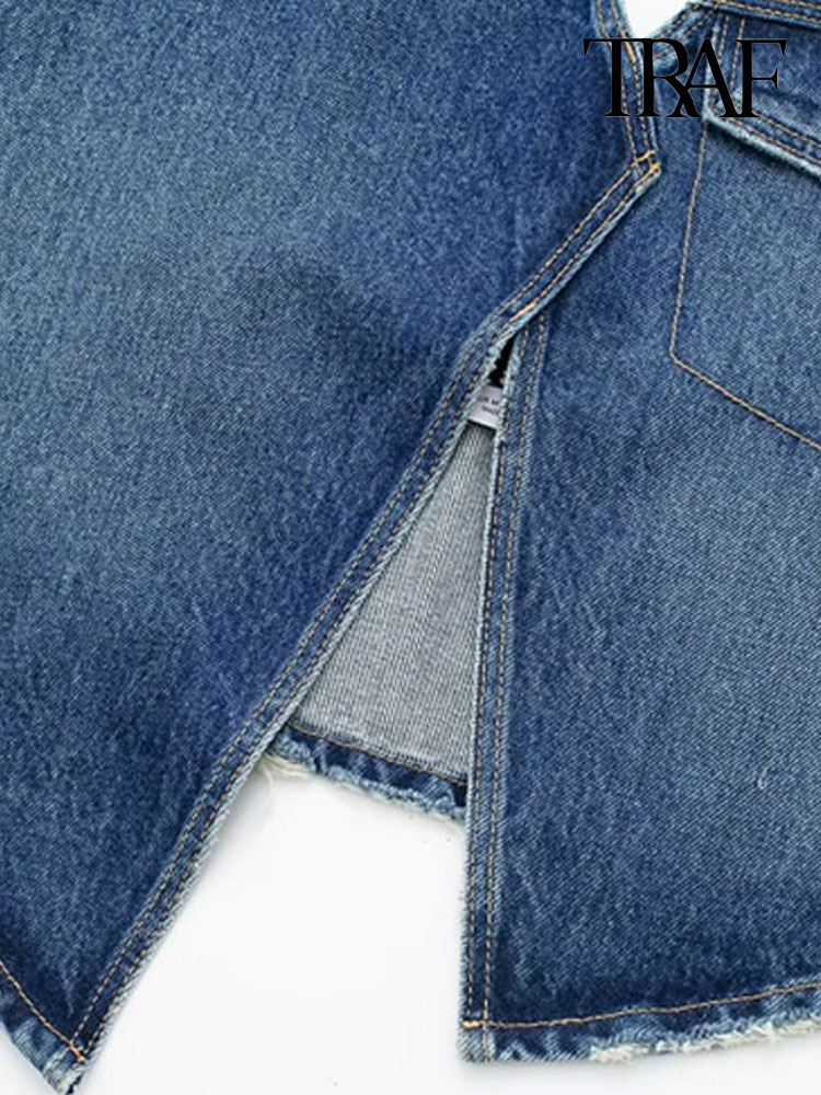 Womens TShirt TRAF Women Fashion With Flap Denim Asymmetric Tank Tops Sexy Backless Halter Neck Side Zipper Female Camis Mujer 230420