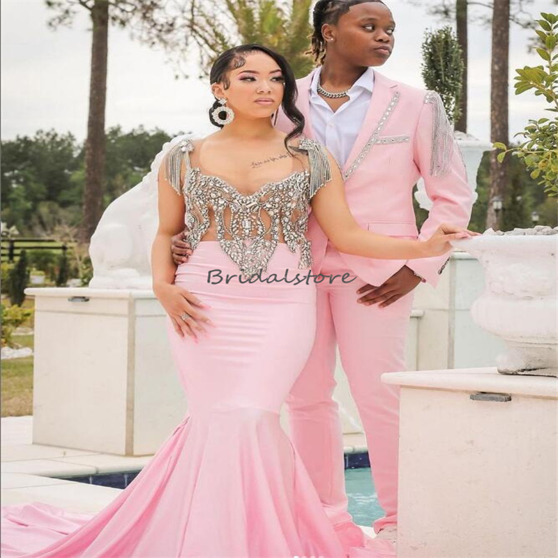 Luxury Pink Black Girls Prom Dress With Beaded Mermaid Long Train Evening Gown 2023 Sweet 15 Birthday Dress Ceremony Formal Wear Formal Occasion Dress