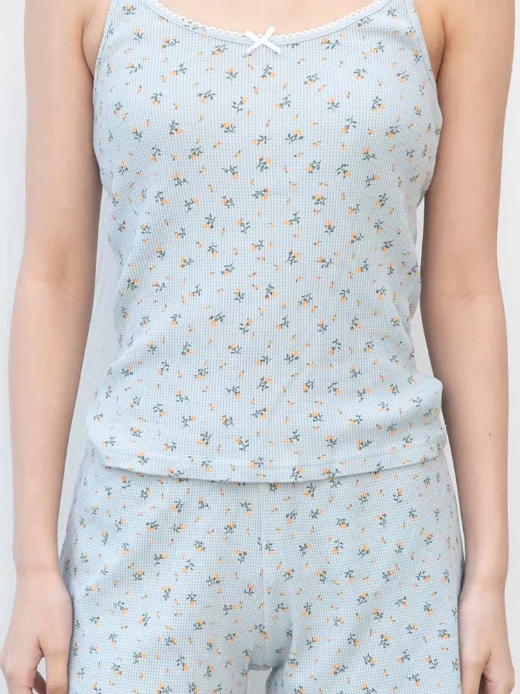 Womens TShirt Vintage Floral Print Lace Short Sets Sweet Bow Camis Tops And Shorts Cute Two Piece Set Women Casual Summer Waffle Outfits 230420