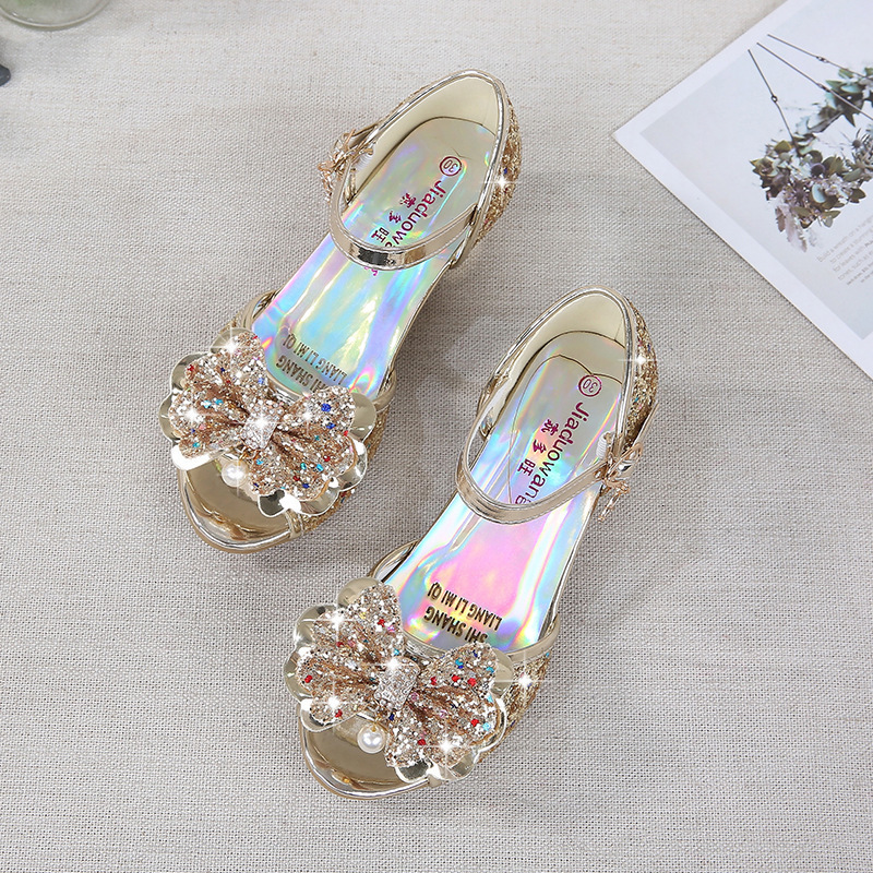 Sandals 5 Colors Children Princess Sandals Kids Girls Wedding Shoes High Heels Dress Shoes Bowtie Gold Pink Blue Silver Shoes For Girls 230421